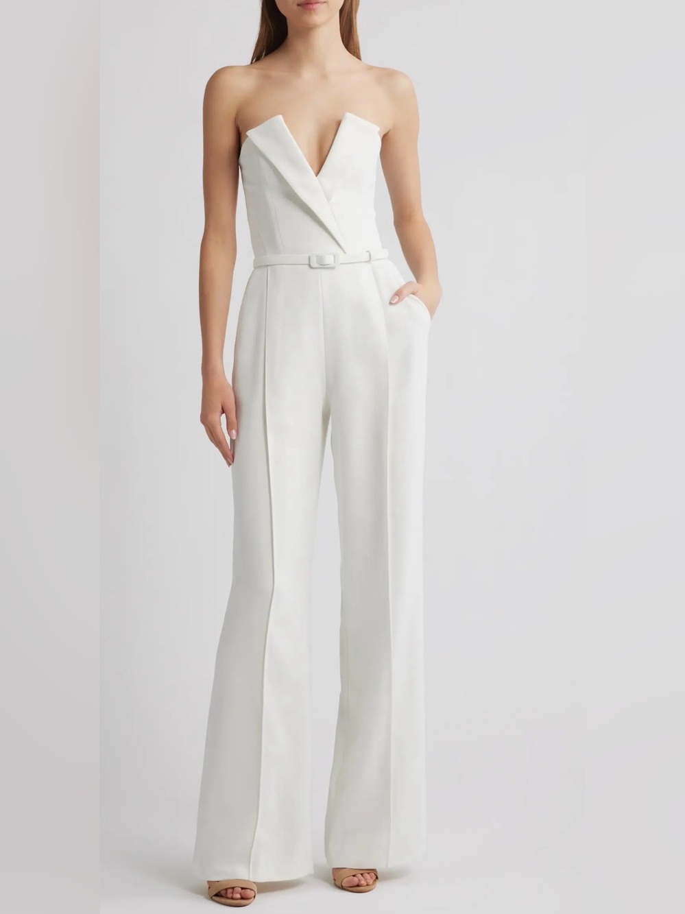 Nadine Merabi Vanessa Strapless Belted Crepe Flare Jumpsuit - Size XS